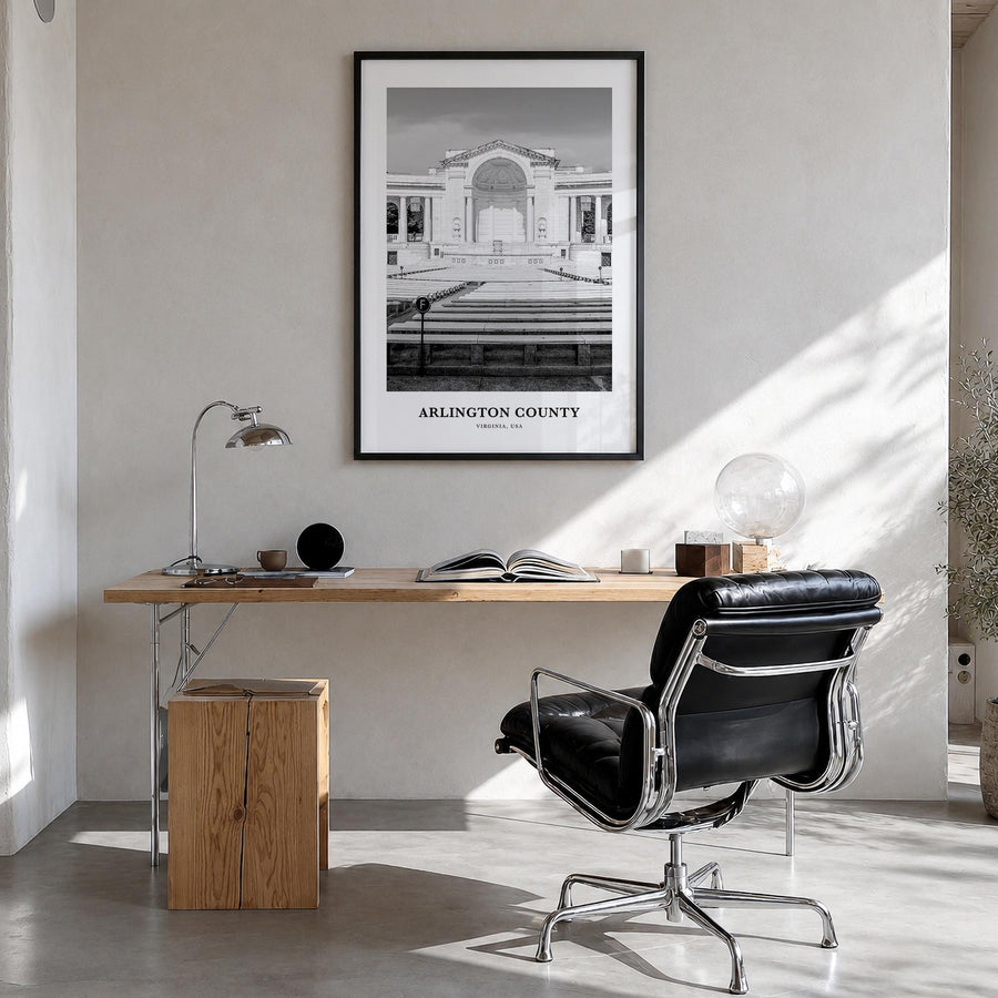 Arlington County, Virginia no. 1 black & white classic poster of Virginia, USA – vertical wall art in black wood frame, hangi