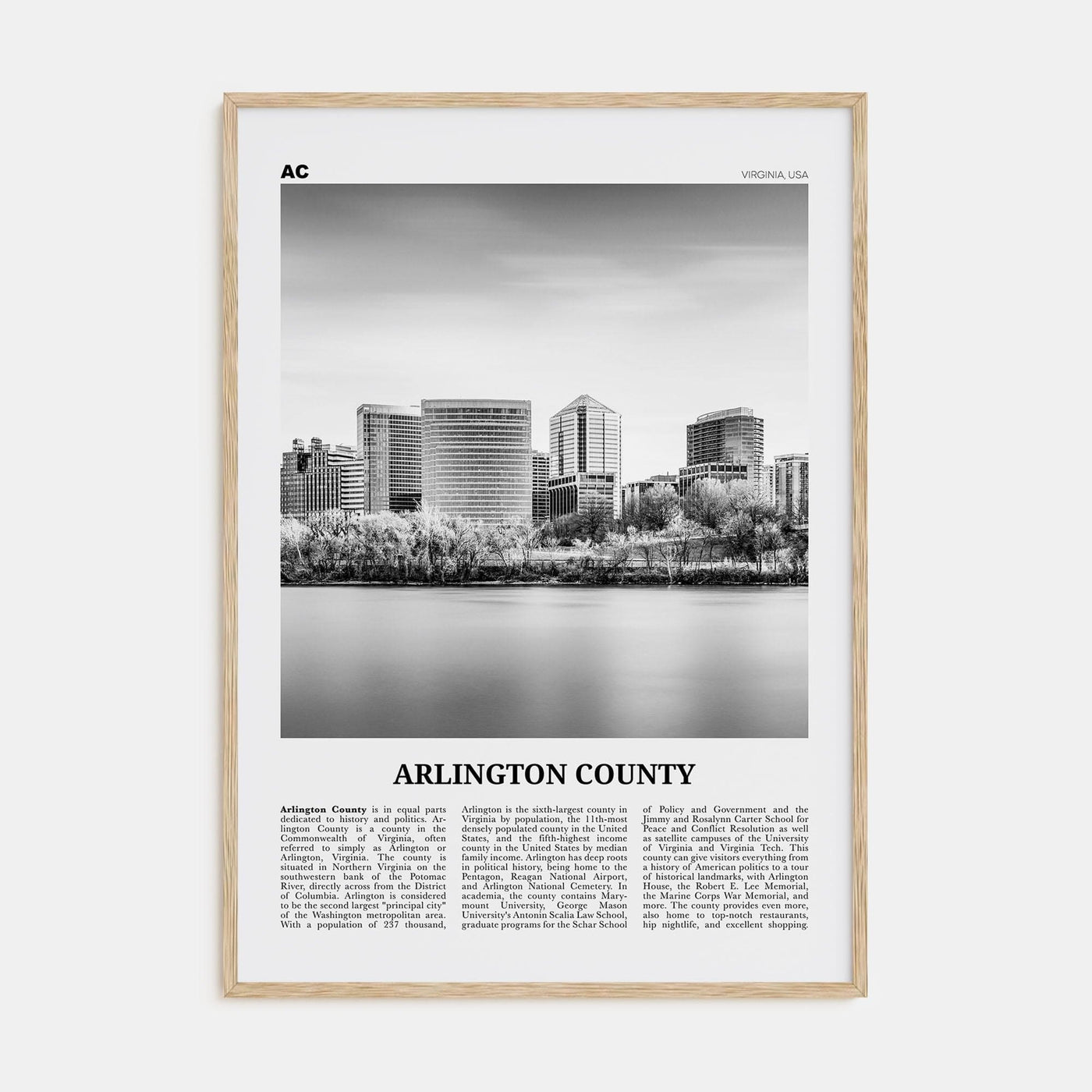 Arlington County, Virginia No 1 Poster Natural Wood / 8x12 in Nbourhood Travel B&W Poster