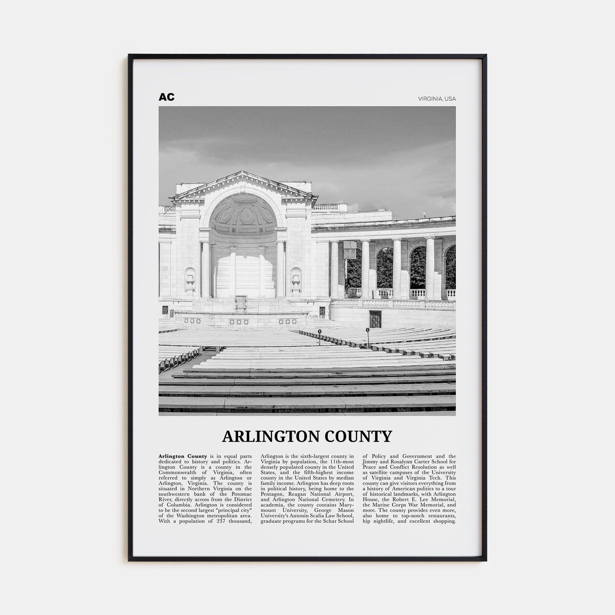 Arlington County, Virginia No 2 Poster None / 8x12 in Nbourhood Travel B&W Poster