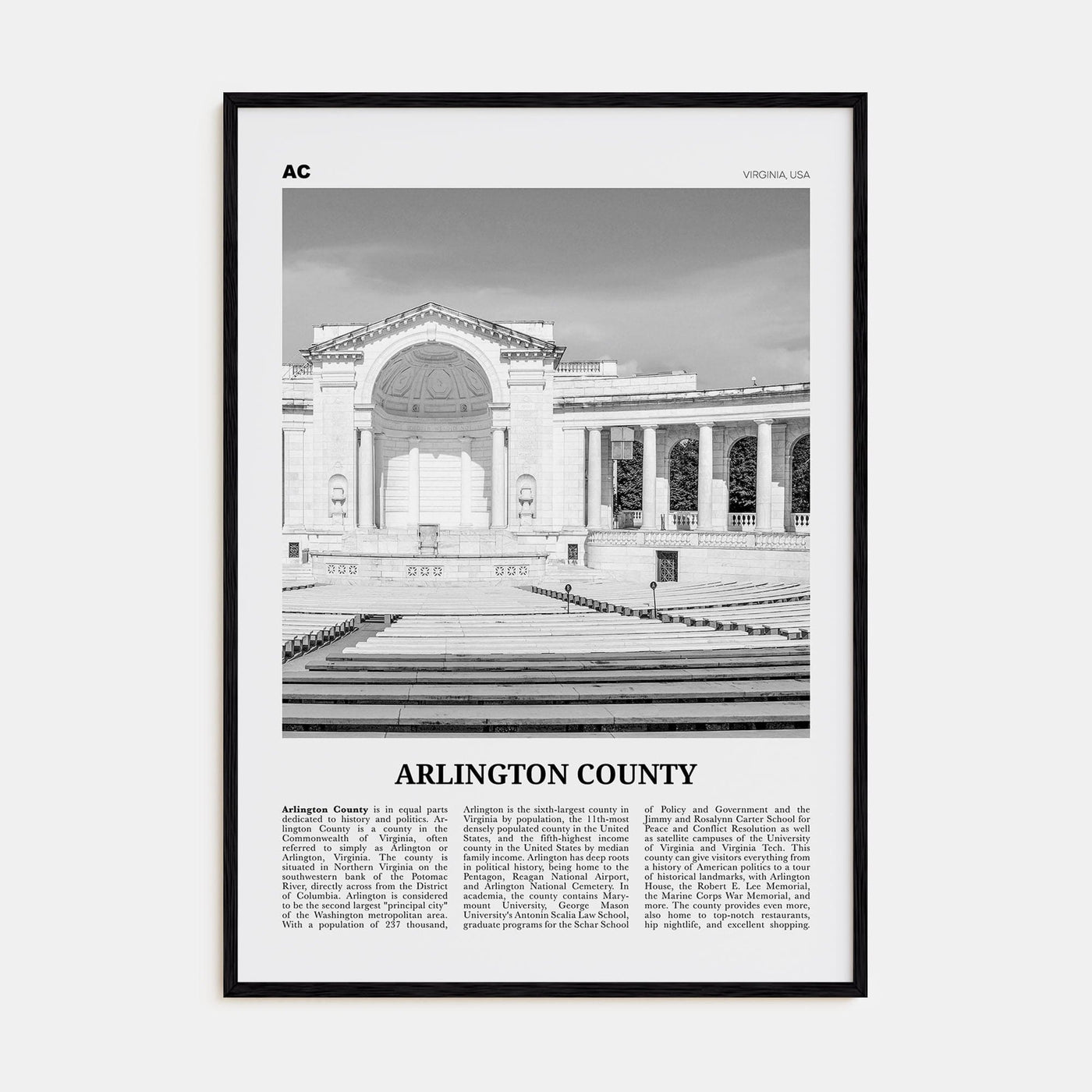 Arlington County, Virginia No 2 Poster Black Wood / 8x12 in Nbourhood Travel B&W Poster