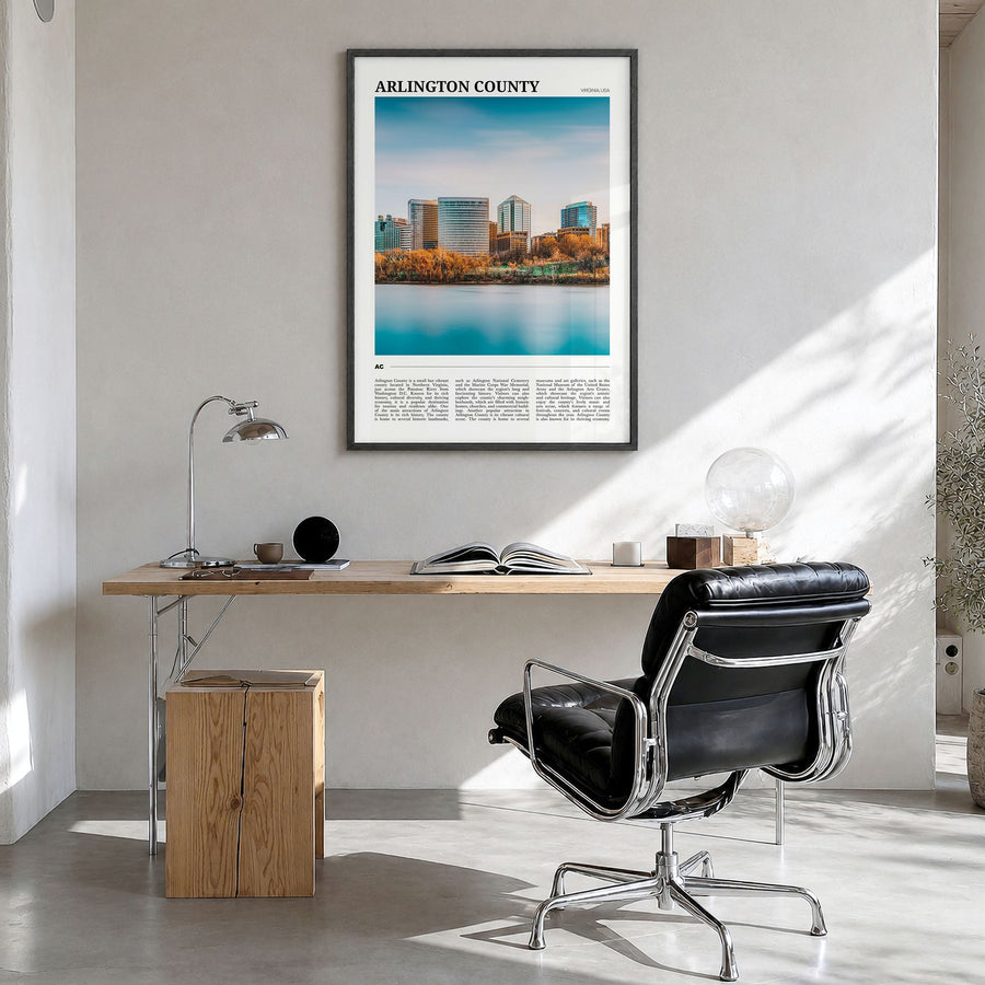 Arlington County, Virginia Travel Poster in a black wood frame, hanging in a bright home office