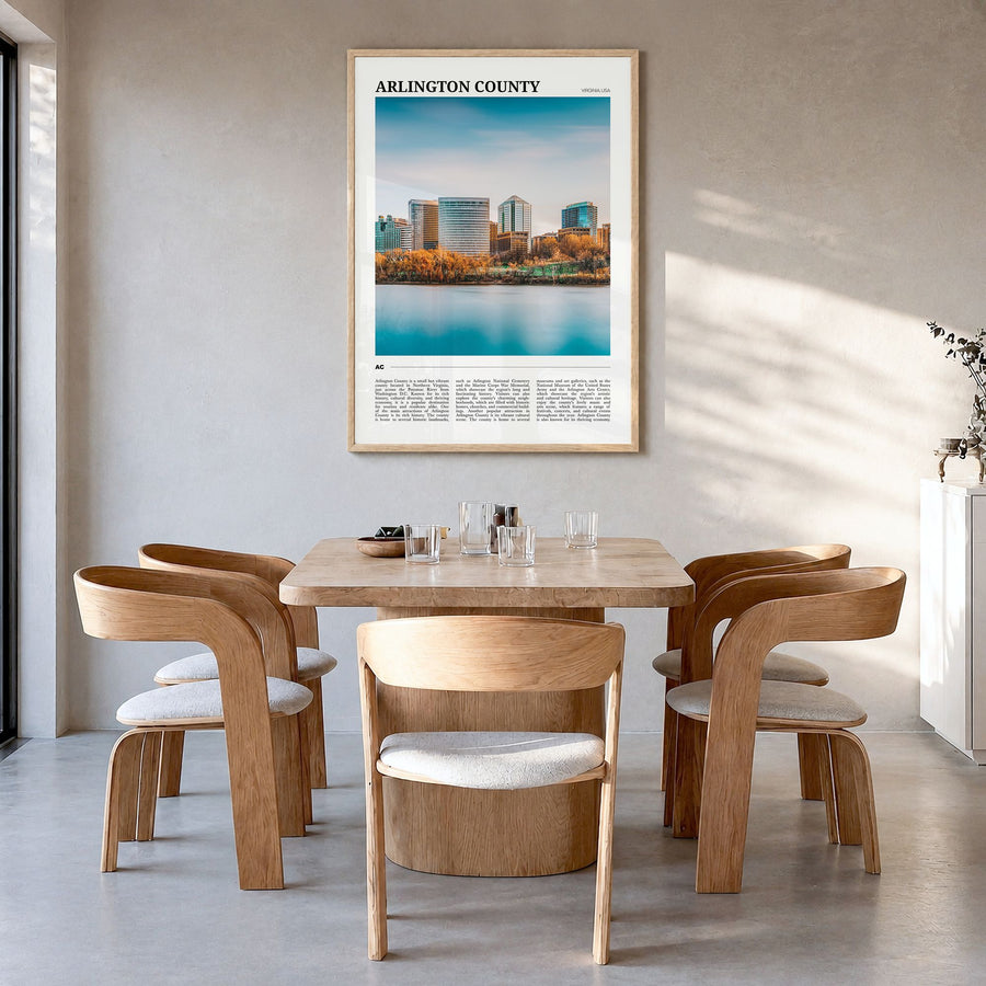 Arlington County, Virginia Travel Poster in a natural wood frame, hanging in a dining room