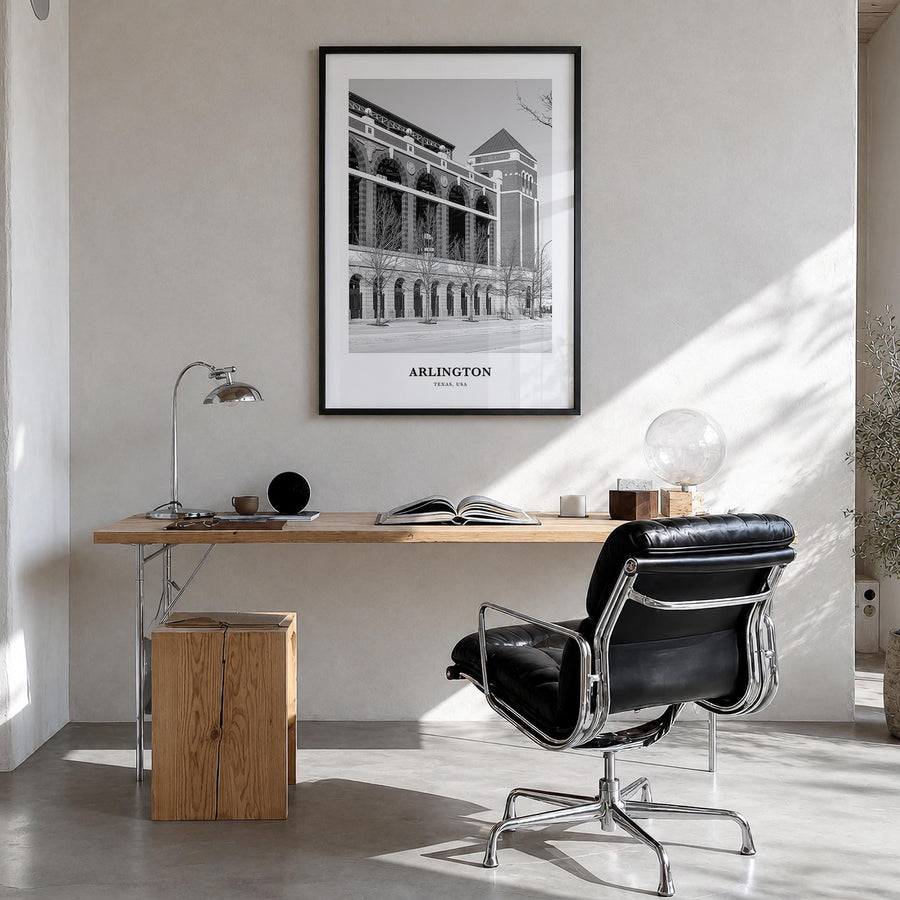 Arlington, Texas black & white classic poster of Texas, USA – vertical wall art in black wood frame, hanging on wall
