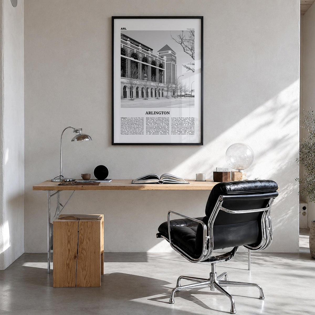Arlington, Texas black & white newspaper poster of Texas, USA – vertical wall art in black wood frame, hanging on wall
