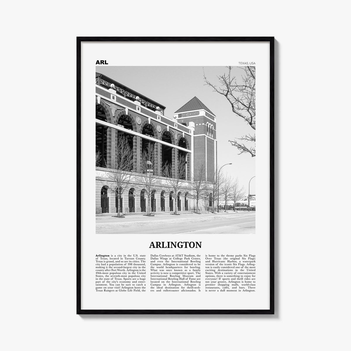 Arlington, Texas black & white newspaper poster of Texas, USA – vertical wall art, unframed print shown in interior mockup