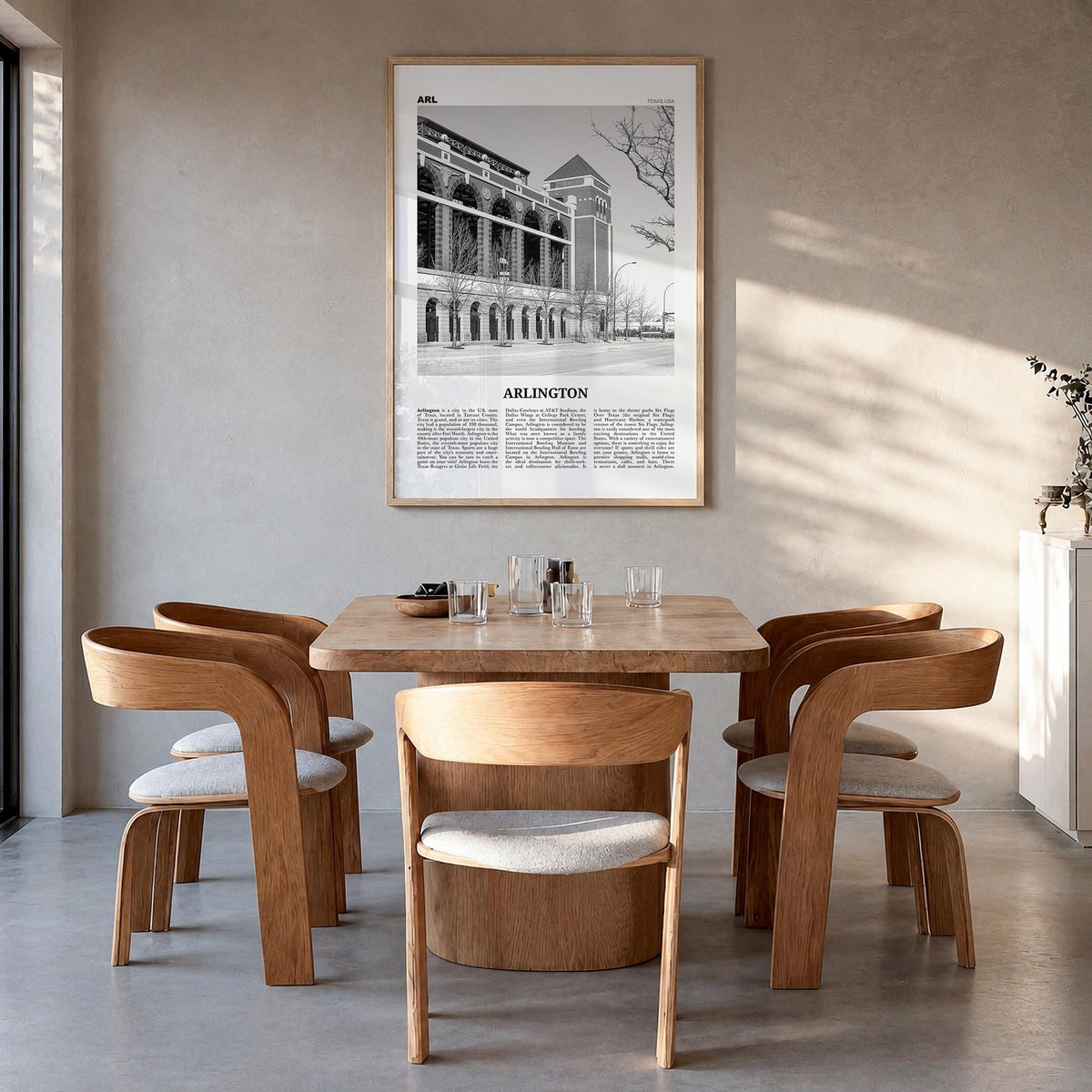 Arlington, Texas black & white newspaper poster of Texas, USA – vertical wall art in natural wood frame, hanging on wall