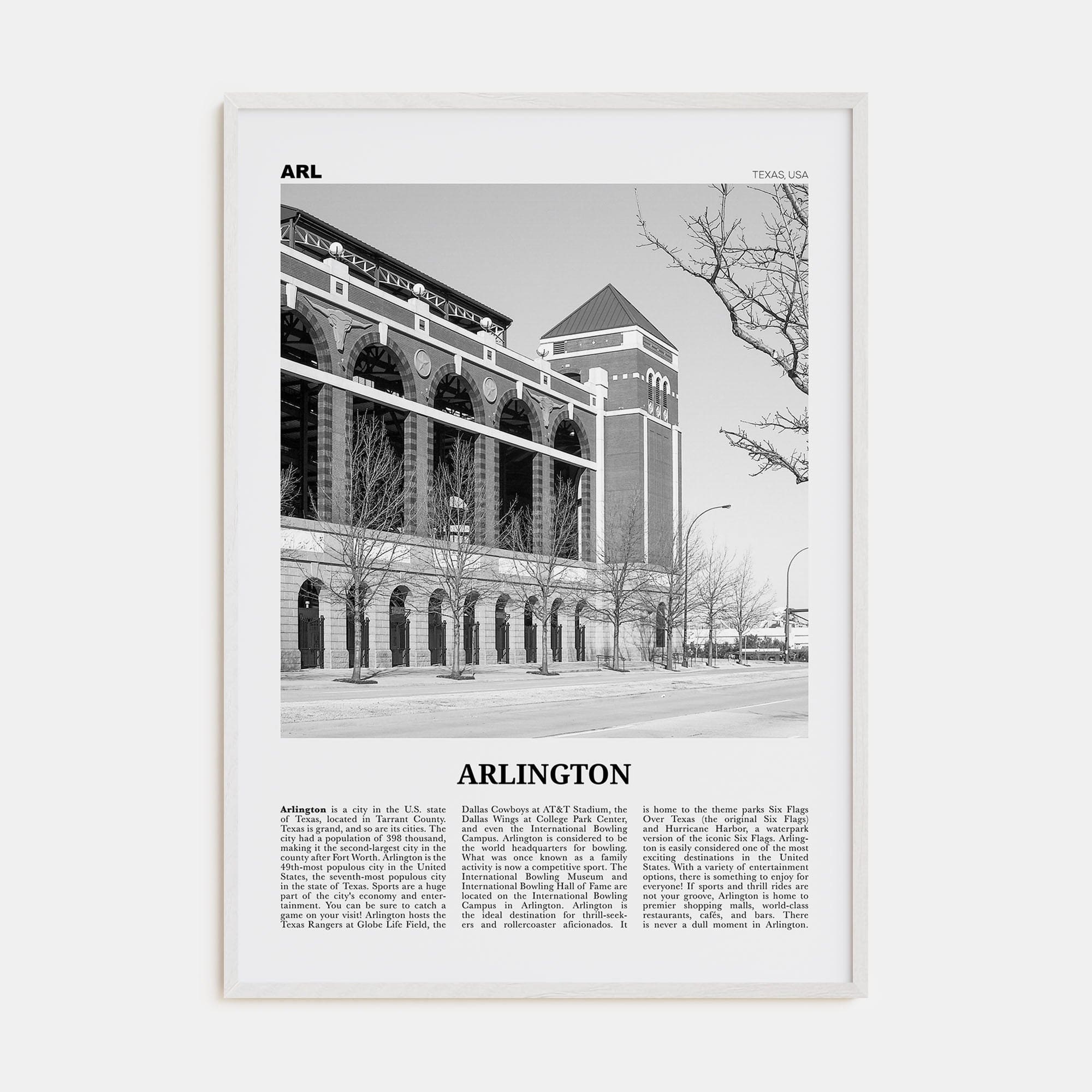 Arlington, Texas Poster White Wood / 8x12 in Nbourhood Travel B&W Poster