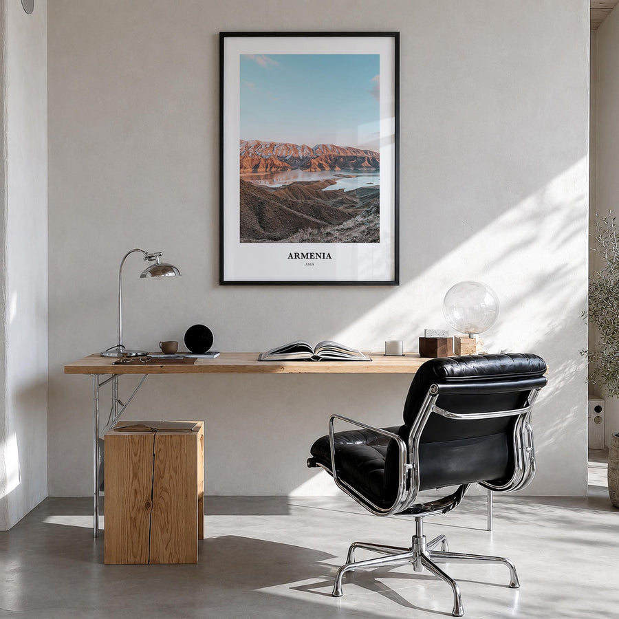 Armenia colorful classic poster of Asia – vertical wall art in black wood frame, hanging on wall