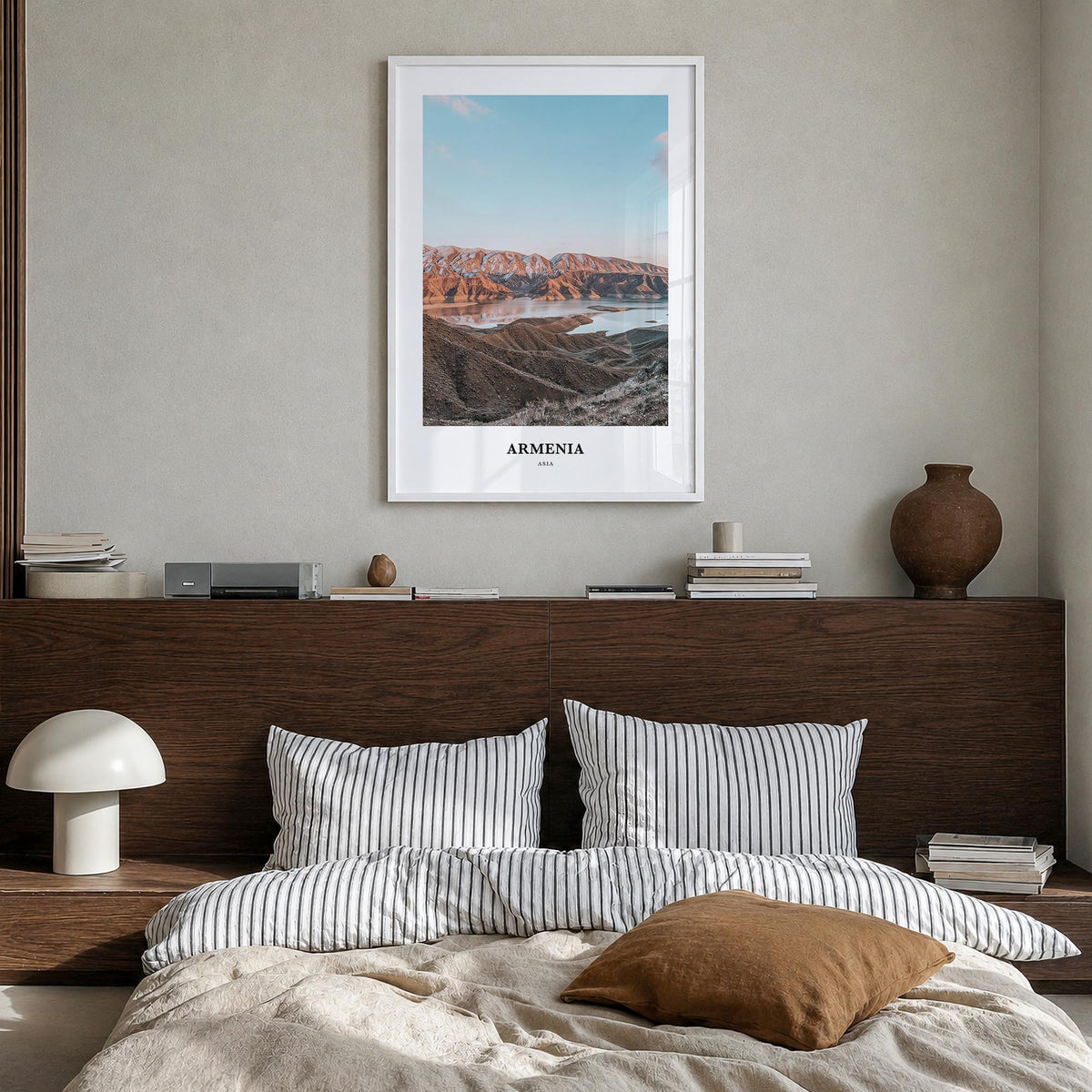 Armenia colorful classic poster of Asia – vertical wall art in white wood frame, hanging on wall