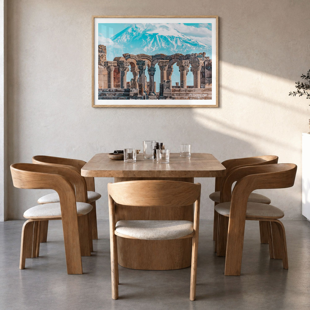 Armenia Photo Poster in a natural wood frame, hanging in a dining room, white border