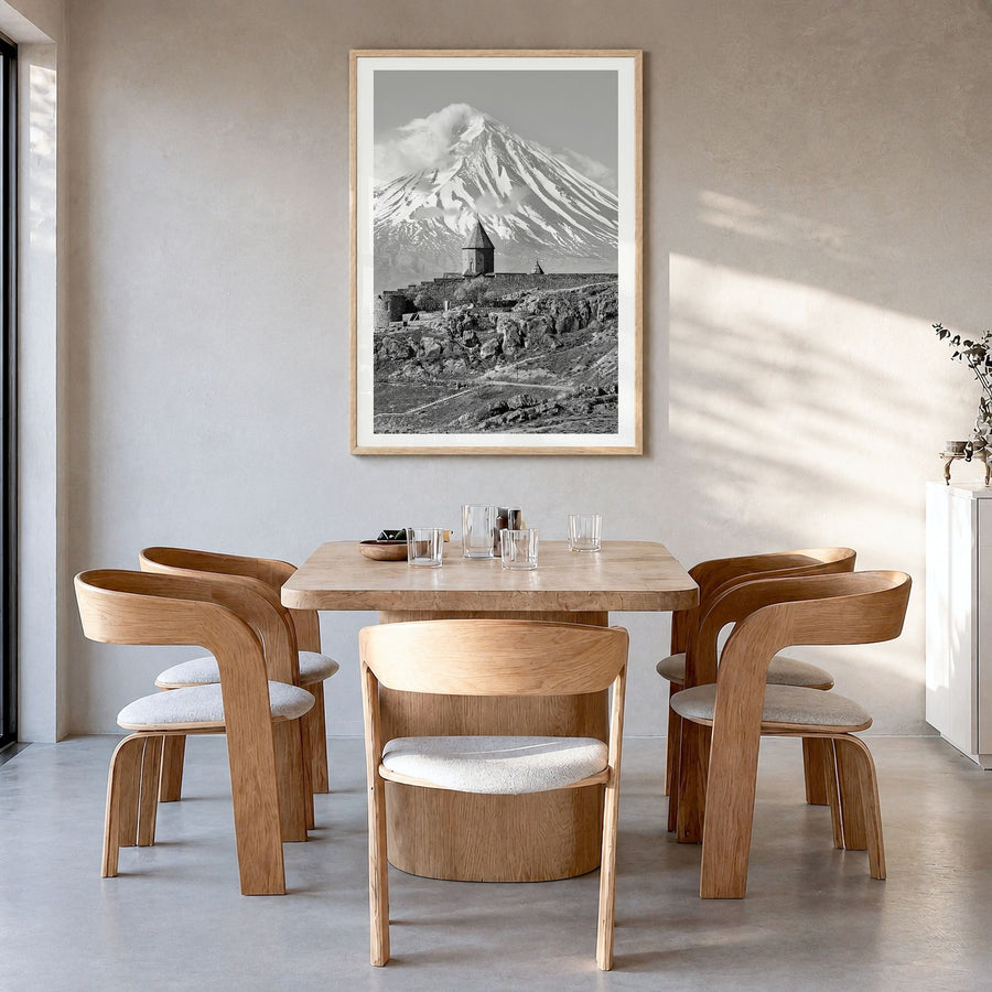 Armenia Photo Poster in a natural wood frame, hanging in a dining room, white border