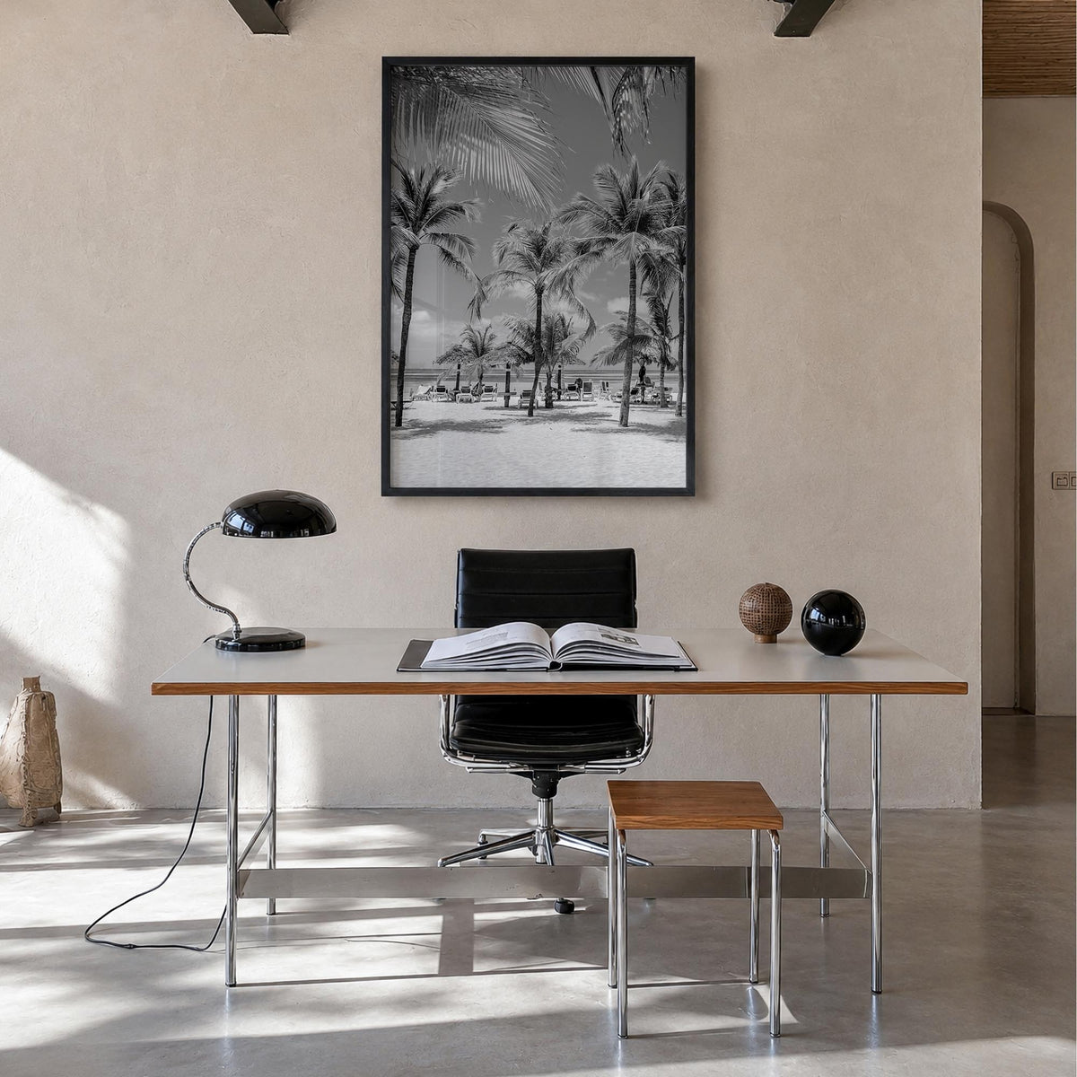 Aruba black & white photo poster of Caribbean – vertical wall art in black wood frame, hanging on wall