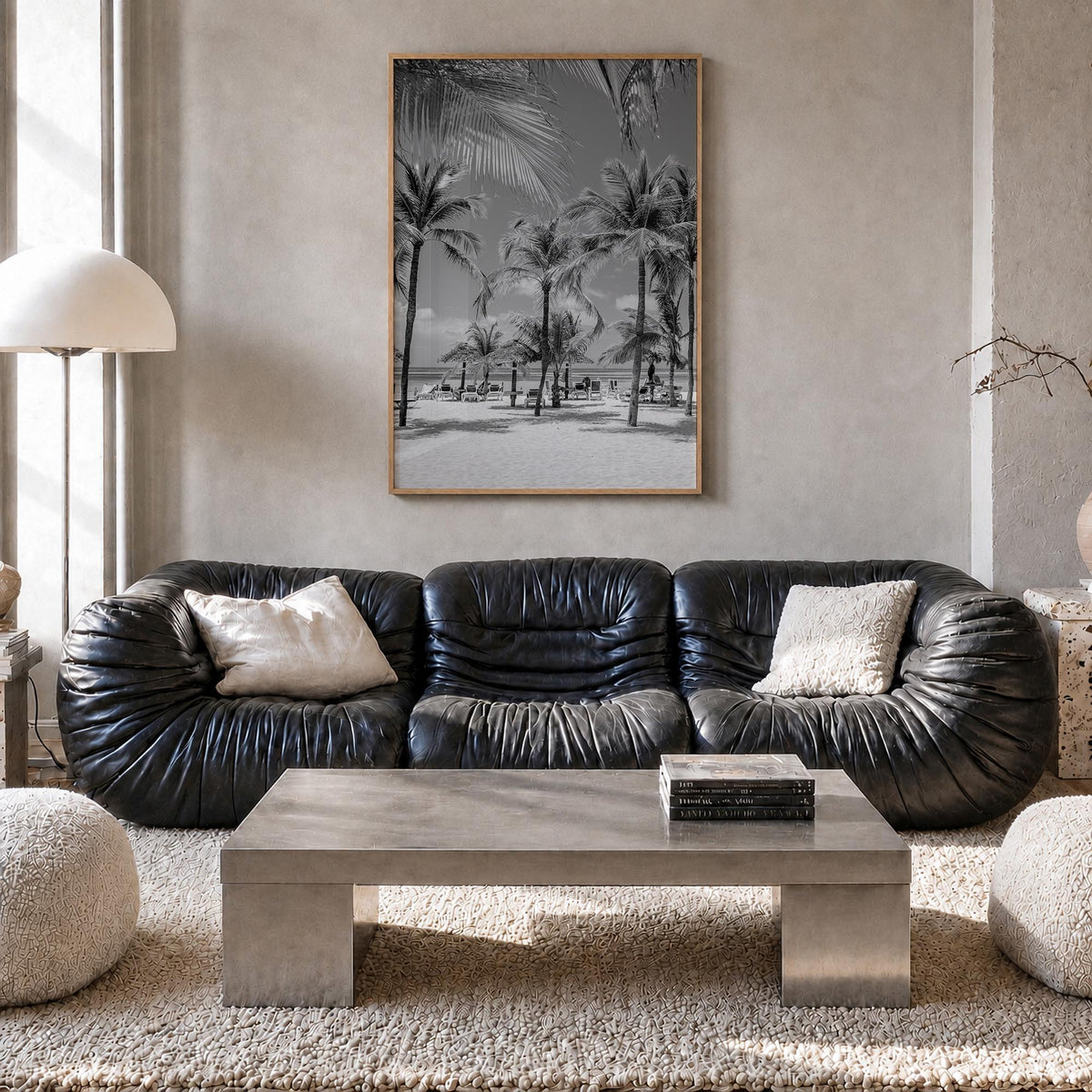 Aruba black & white photo poster of Caribbean – vertical wall art in natural wood frame, hanging on wall