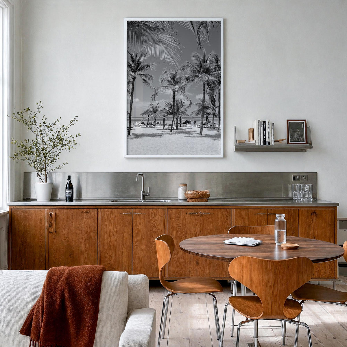 Aruba black & white photo poster of Caribbean – vertical wall art in white wood frame, hanging on wall