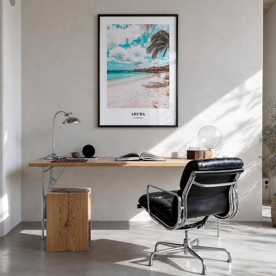 Aruba colorful classic poster of Caribbean – vertical wall art in black wood frame, hanging on wall