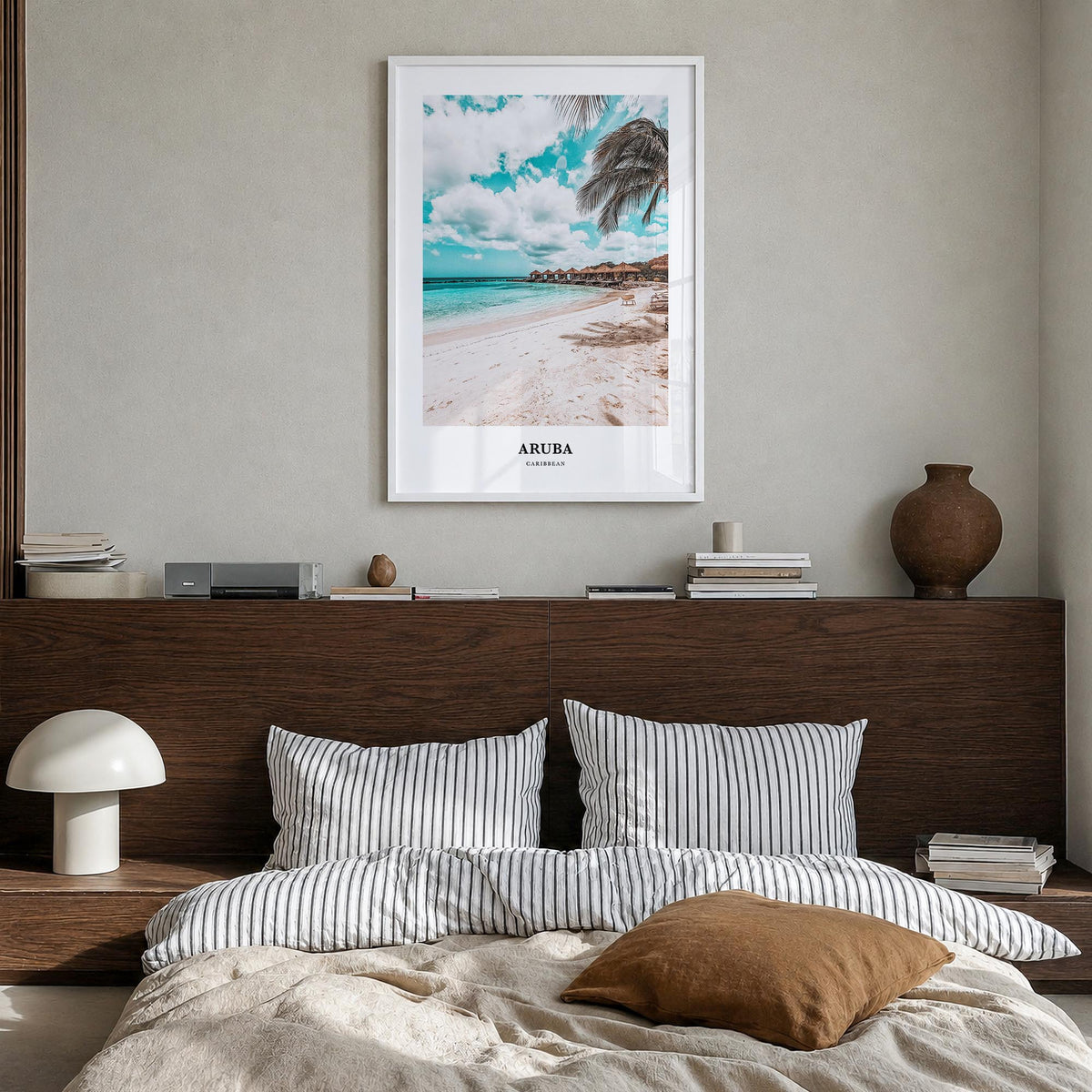 Aruba colorful classic poster of Caribbean – vertical wall art in white wood frame, hanging on wall