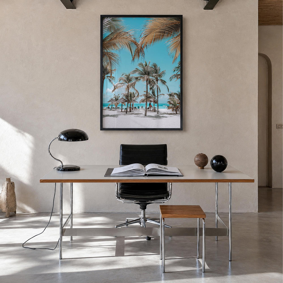 Aruba colorful photo poster of Caribbean – vertical wall art in black wood frame, hanging on wall