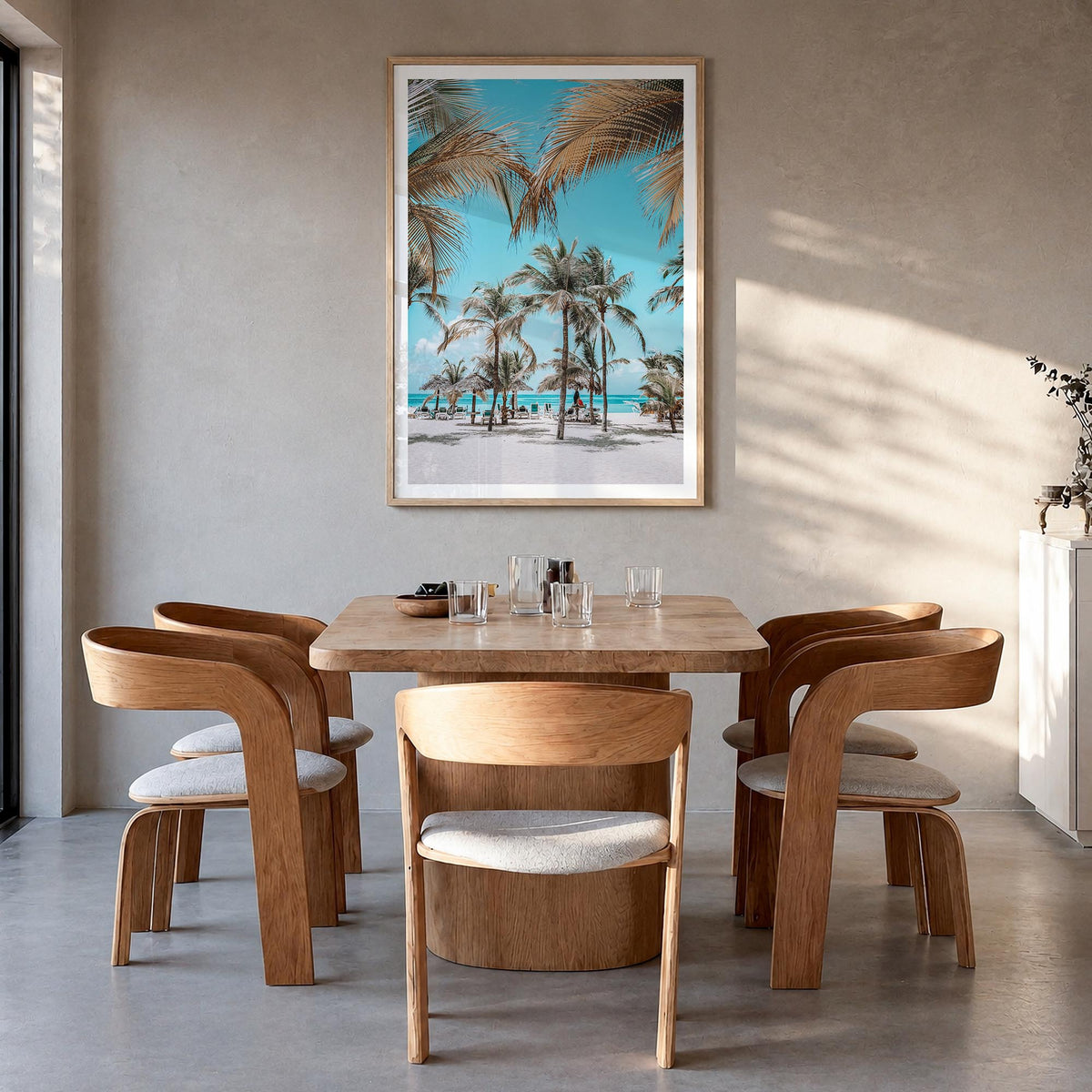 Aruba colorful photo poster of Caribbean – vertical wall art in natural wood frame with white border, hanging on wall