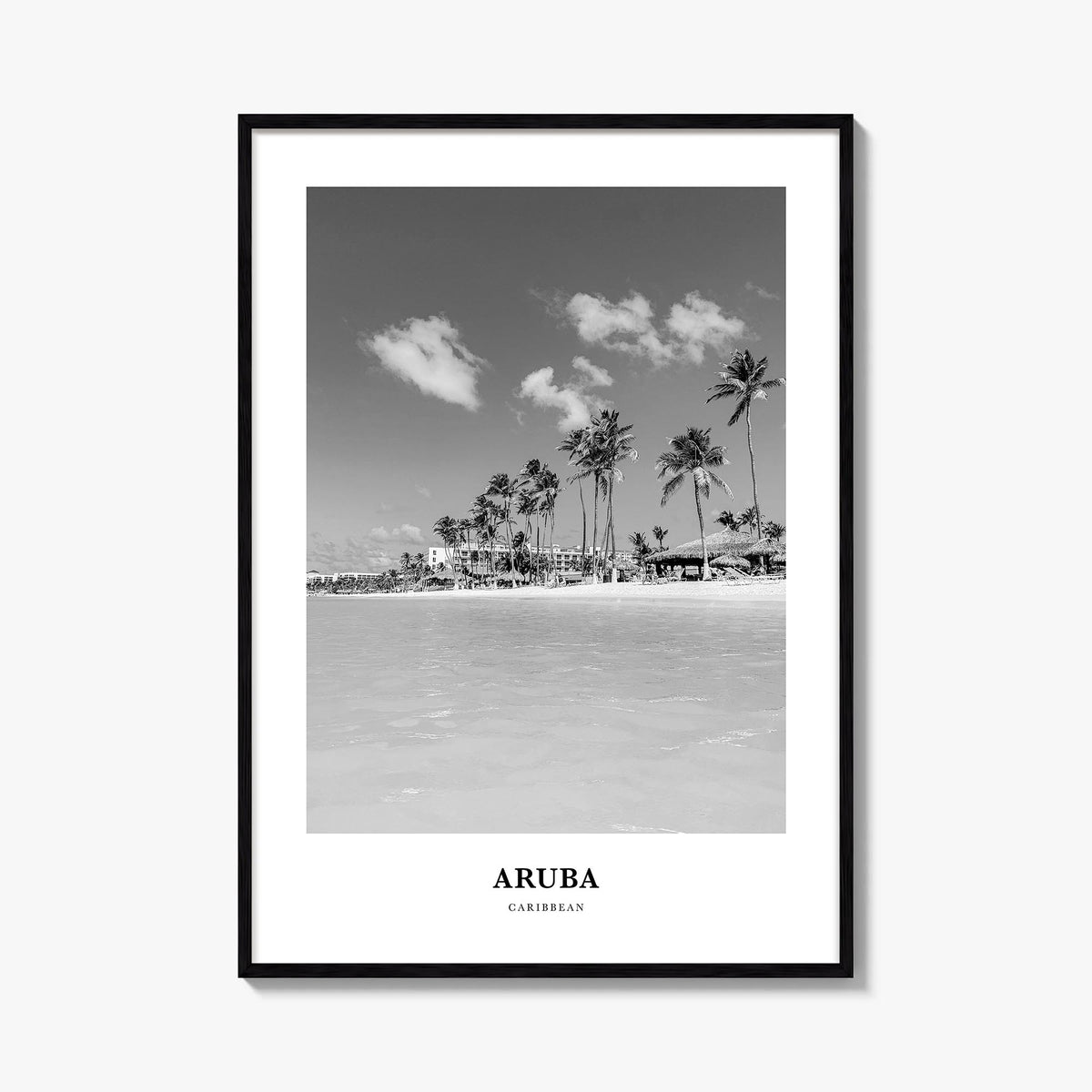 Aruba no. 1 black & white classic poster of Caribbean – vertical wall art, unframed print shown in interior mockup