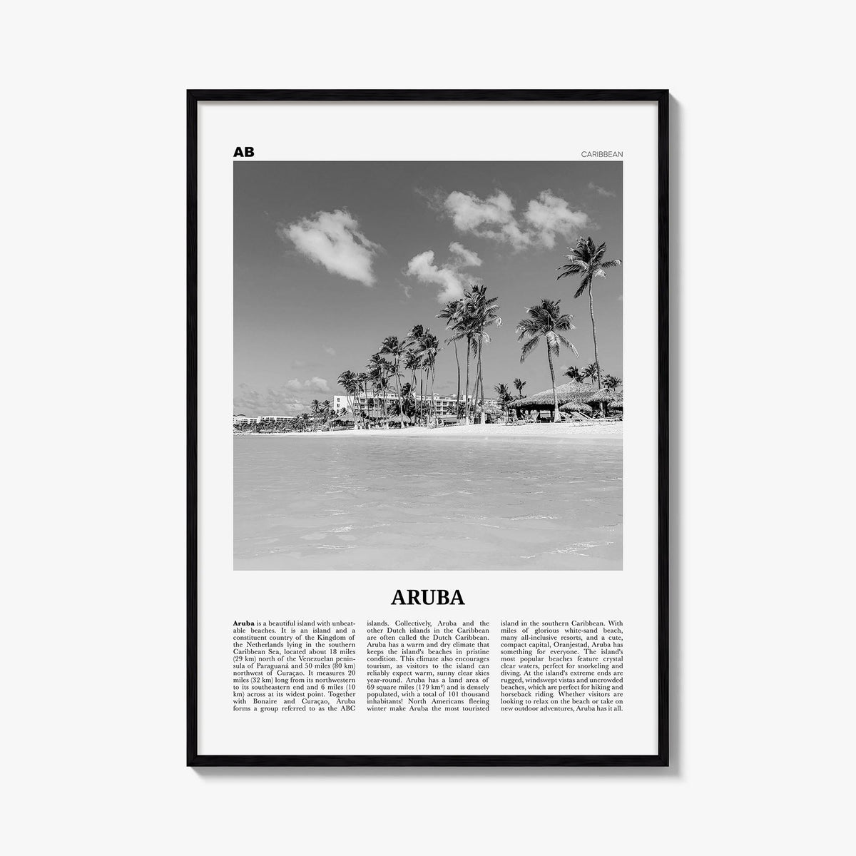 Aruba no. 1 black & white newspaper poster of Caribbean – vertical wall art, unframed print shown in interior mockup