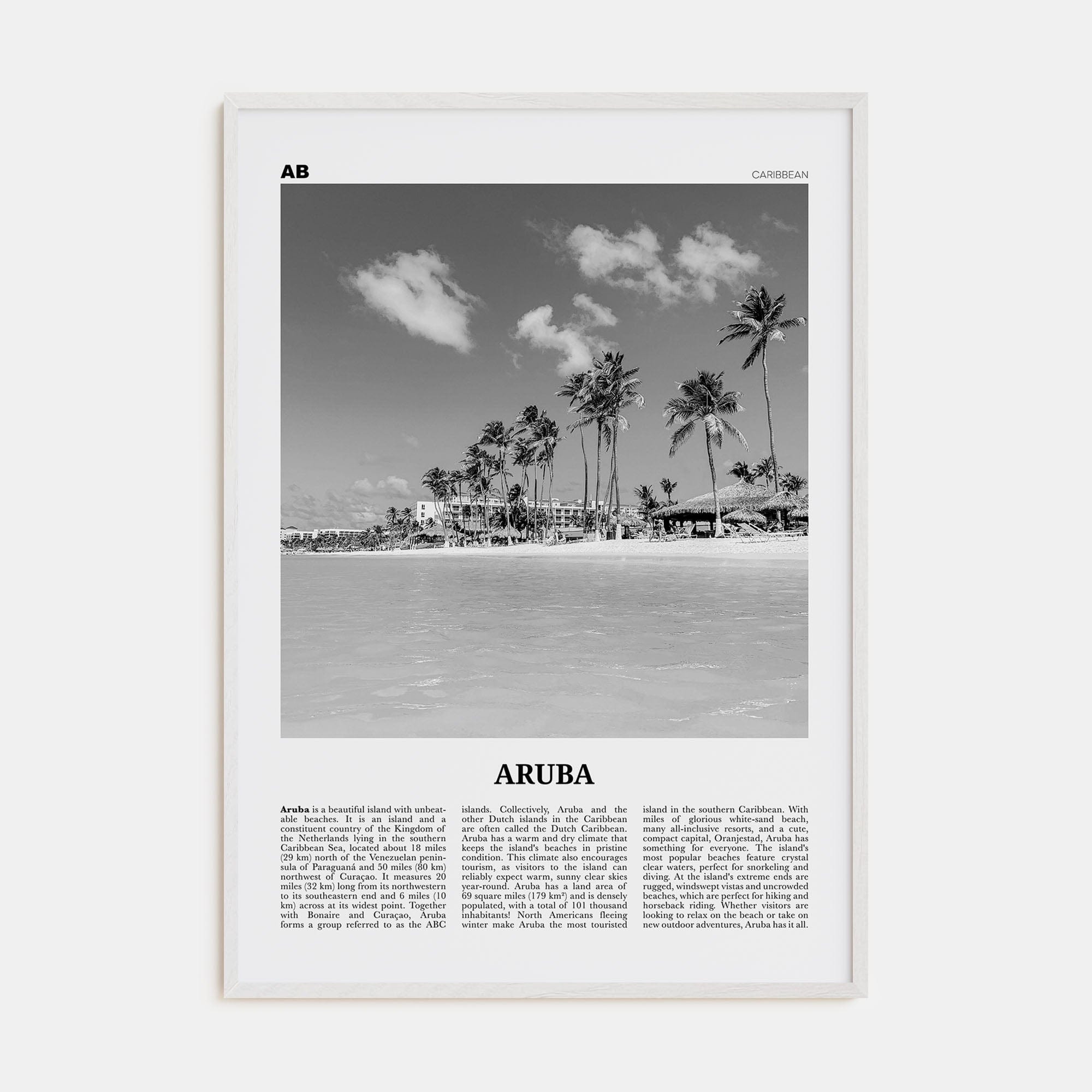 Aruba No 1 Poster White Wood / 8x12 in Nbourhood Travel B&W Poster