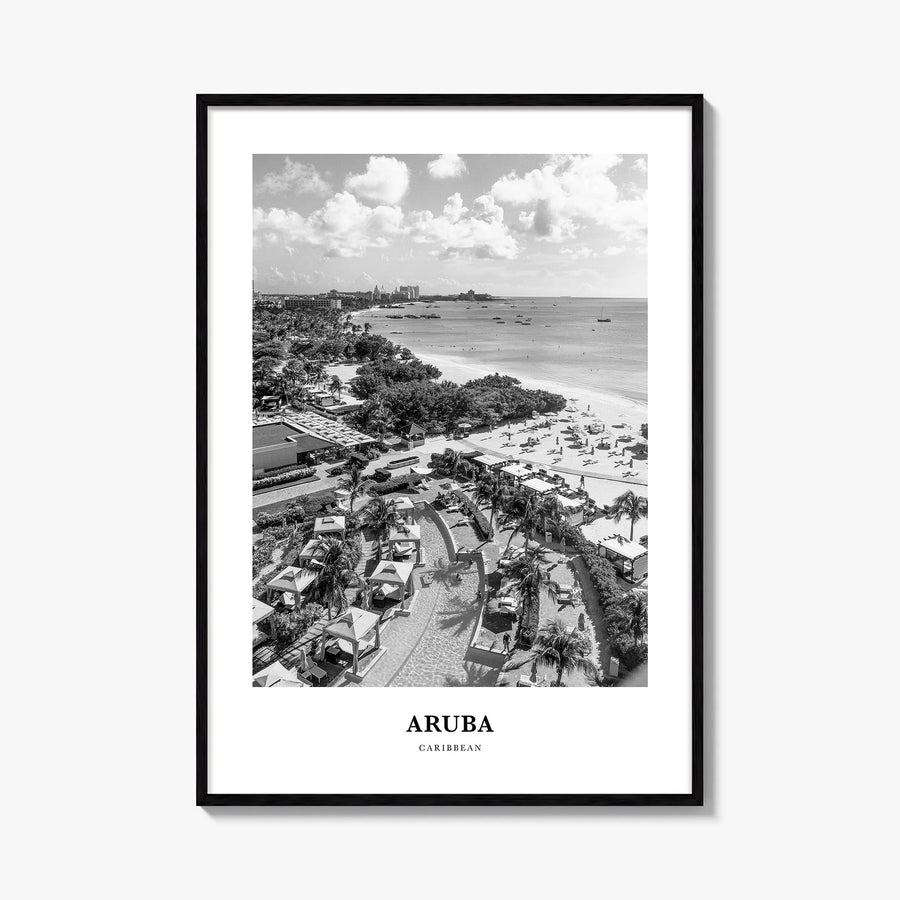 Aruba no. 2 black & white classic poster of Caribbean – vertical wall art, unframed print shown in interior mockup