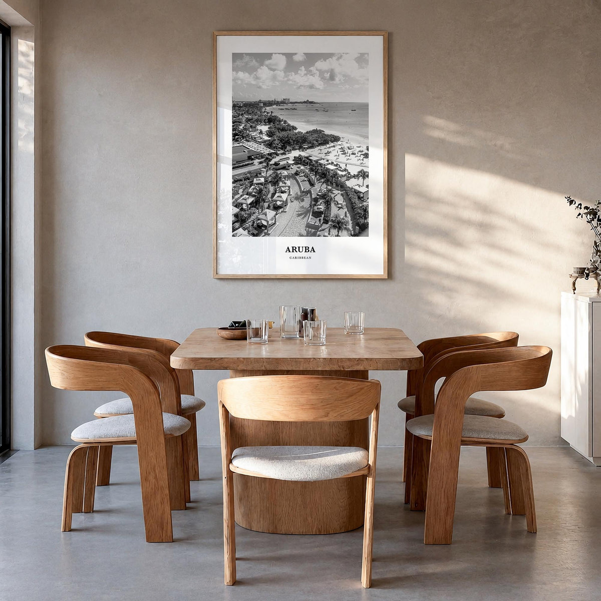 Aruba no. 2 black & white classic poster of Caribbean – vertical wall art in natural wood frame, hanging on wall