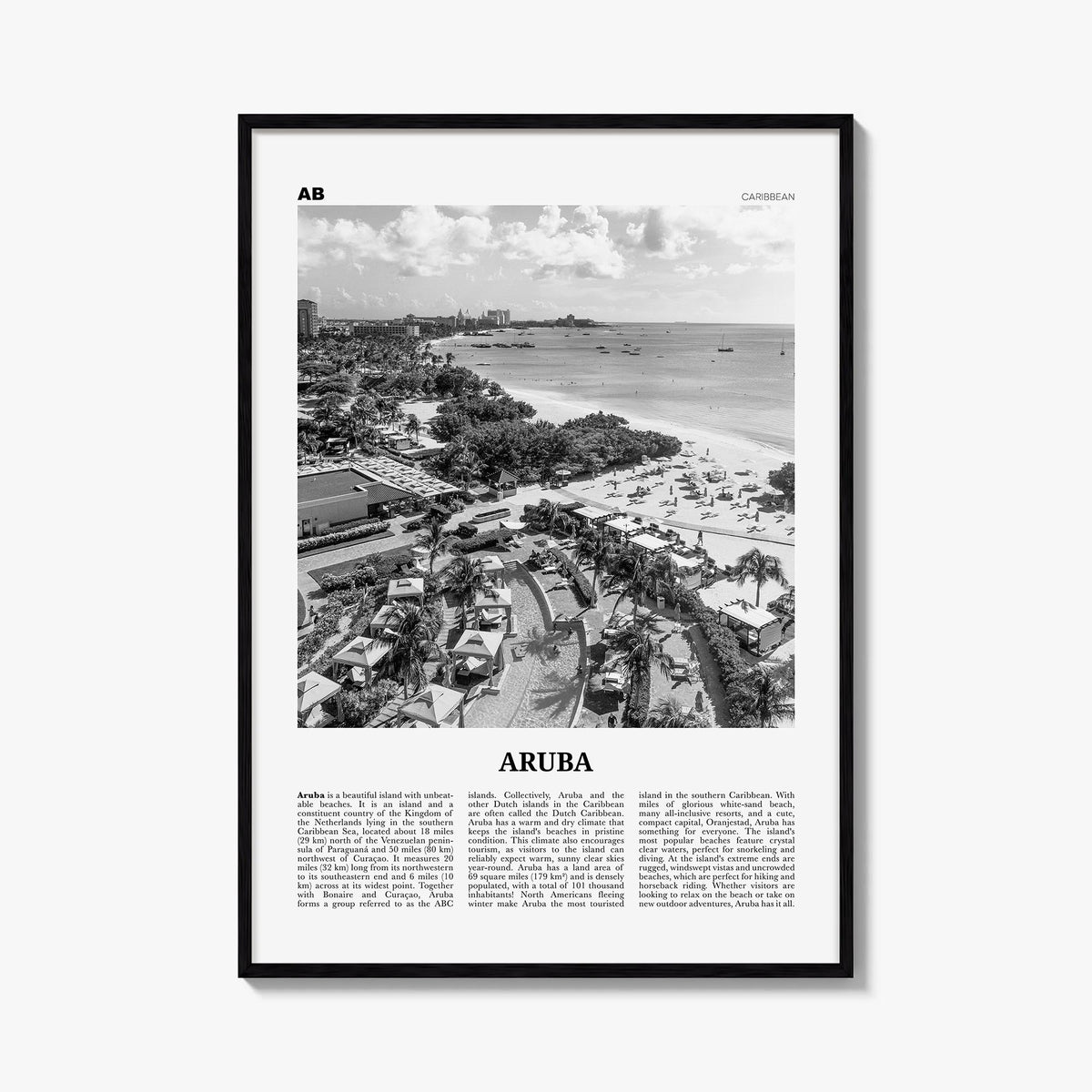 Aruba no. 2 black & white newspaper poster of Caribbean – vertical wall art, unframed print shown in interior mockup
