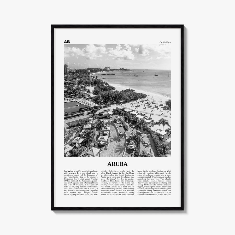 Aruba no. 2 black & white newspaper poster of Caribbean – vertical wall art, unframed print shown in interior mockup