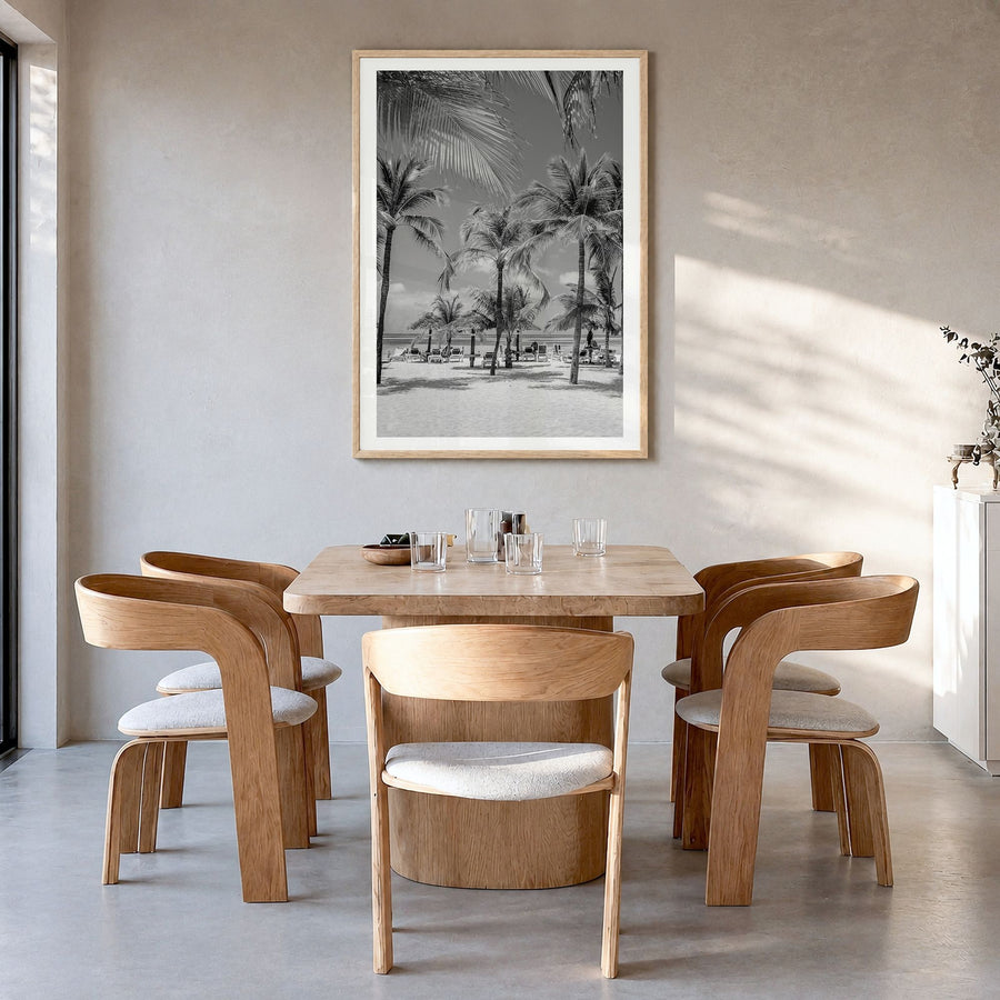 Aruba Photo Poster in a natural wood frame, hanging in a dining room, white border