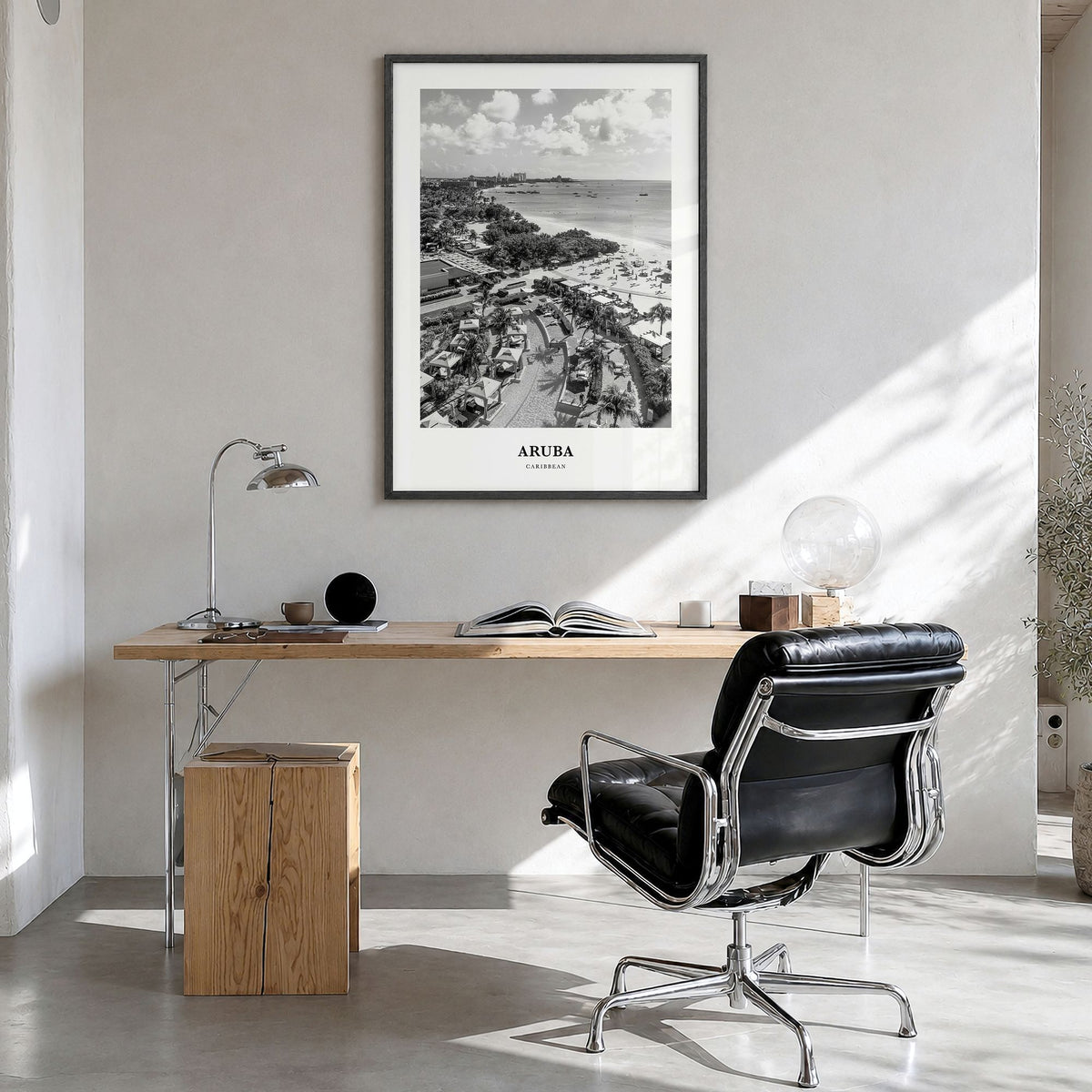 Aruba Classic No 2 Poster in a black wood frame, hanging in a bright home office