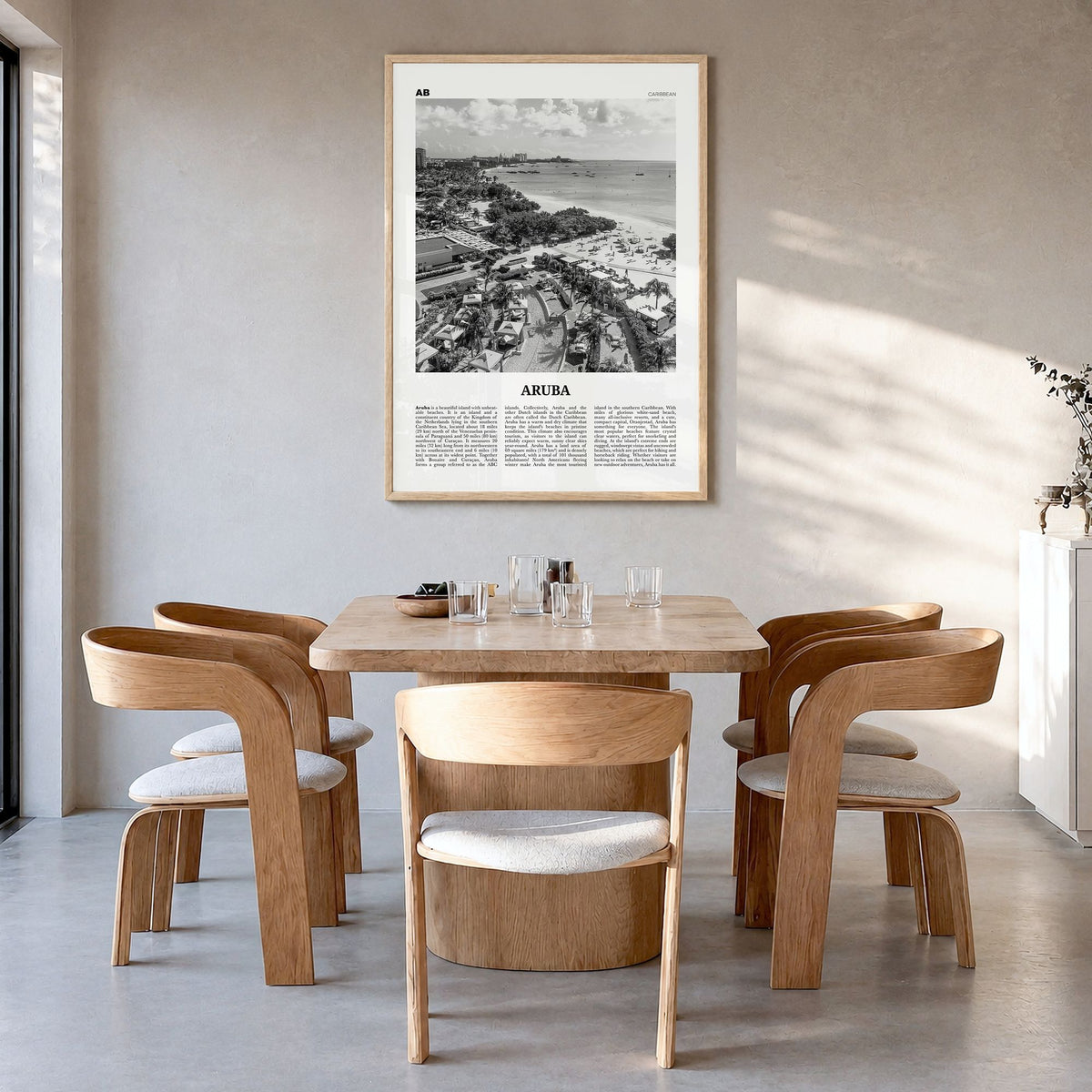 Aruba Newspaper No 2 Poster in a natural wood frame, hanging in a dining room