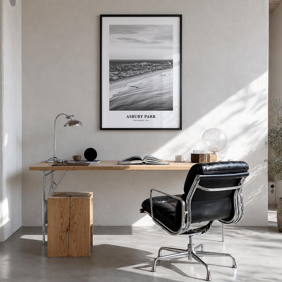 Asbury Park black & white classic poster of New Jersey, USA – vertical wall art in black wood frame, hanging on wall