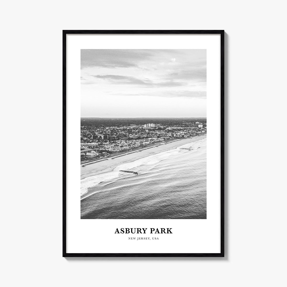 Asbury Park black & white classic poster of New Jersey, USA – vertical wall art, unframed print shown in interior mockup