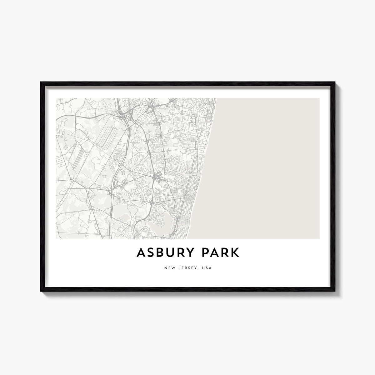 Asbury Park black & white map poster of New Jersey, USA – horizontal wall art, unframed print shown in interior mockup