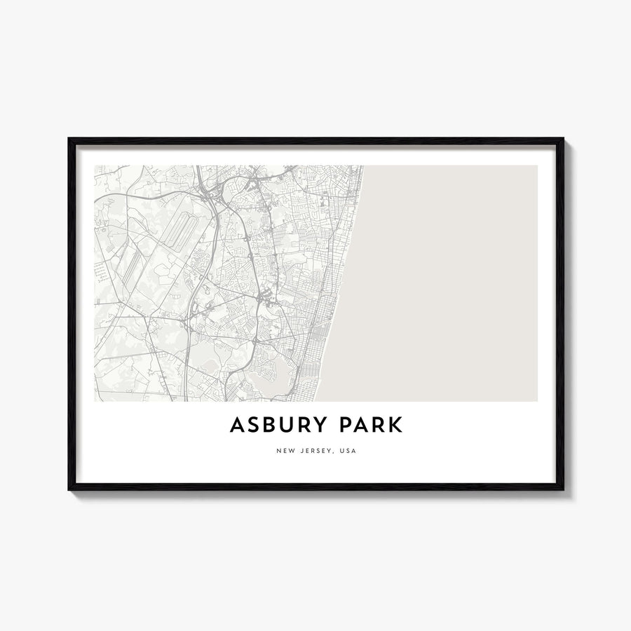 Asbury Park black & white map poster of New Jersey, USA – horizontal wall art, unframed print shown in interior mockup