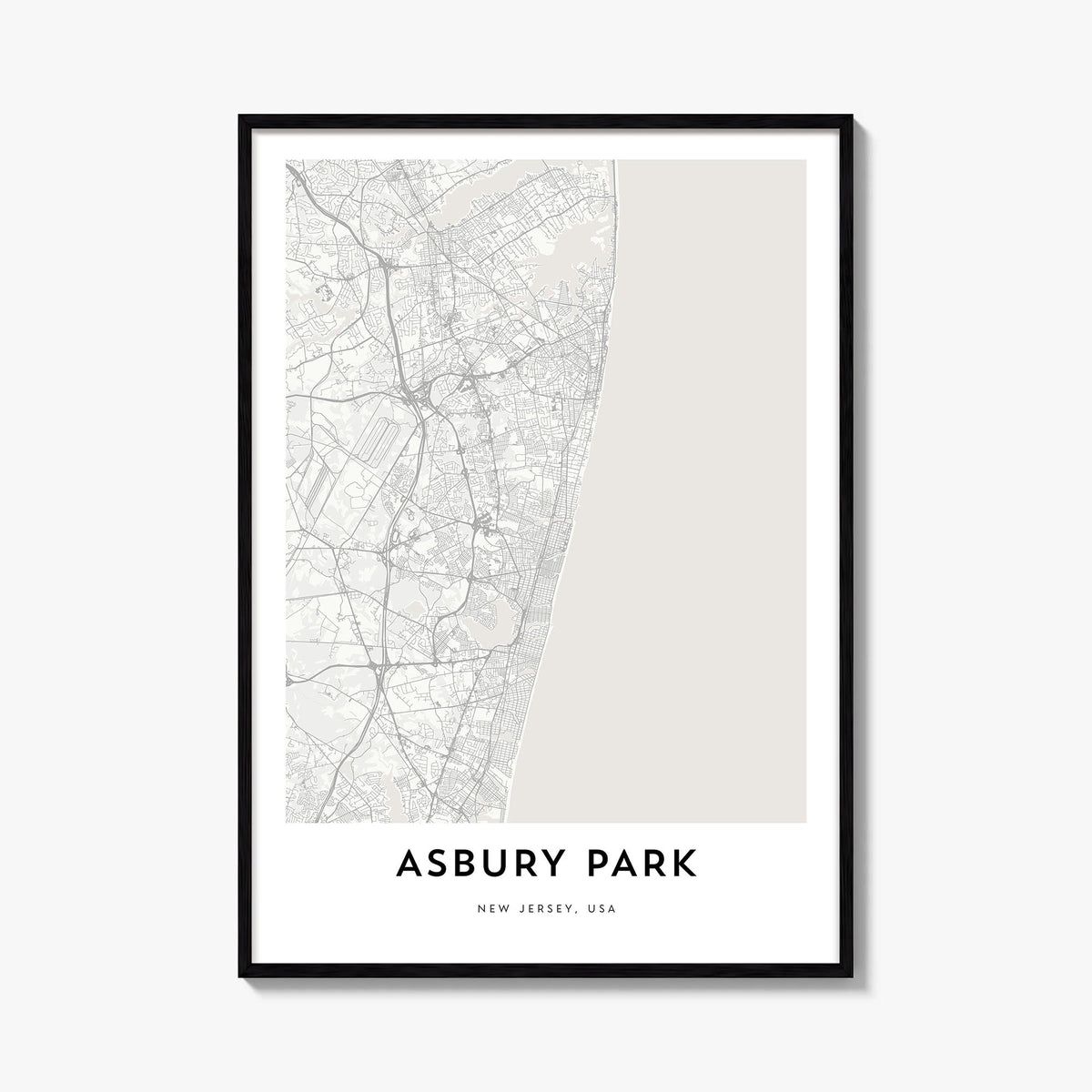 Asbury Park black & white map poster of New Jersey, USA – vertical wall art, unframed print shown in interior mockup
