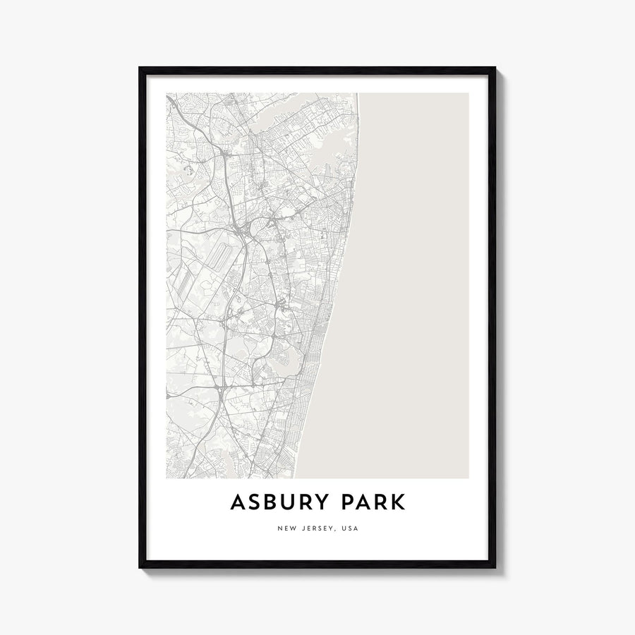 Asbury Park black & white map poster of New Jersey, USA – vertical wall art, unframed print shown in interior mockup
