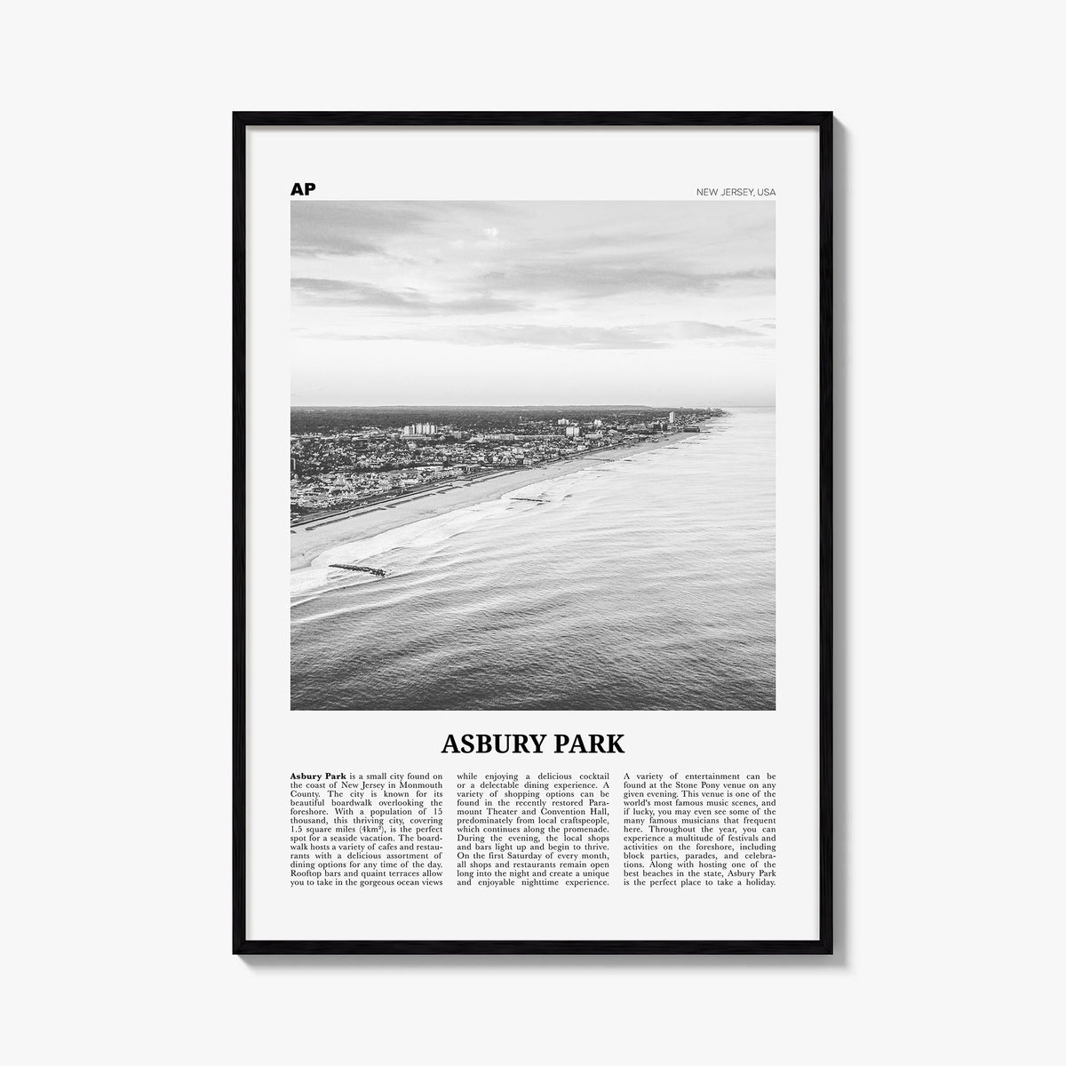 Asbury Park black & white newspaper poster of New Jersey, USA – vertical wall art, unframed print shown in interior mockup