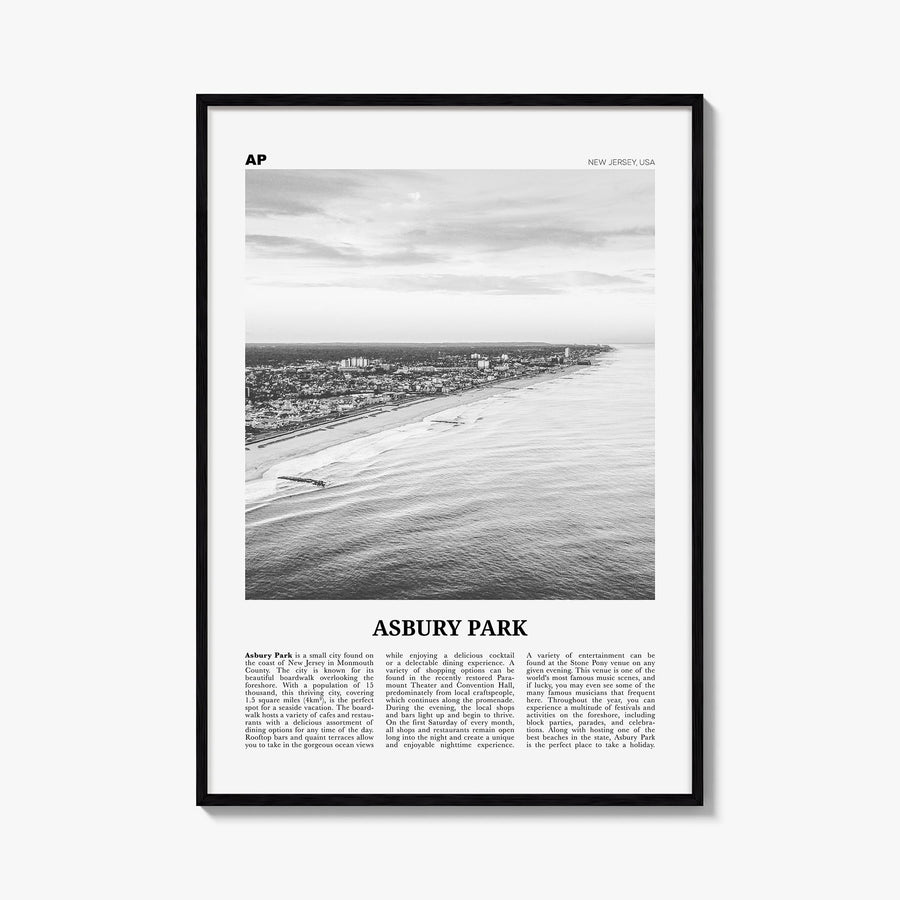 Asbury Park black & white newspaper poster of New Jersey, USA – vertical wall art, unframed print shown in interior mockup