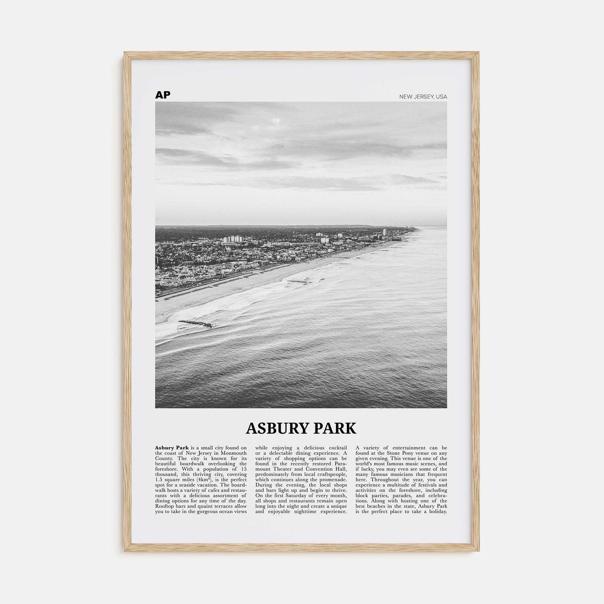 Asbury Park Poster Natural Wood / 8x12 in Nbourhood Travel B&W Poster