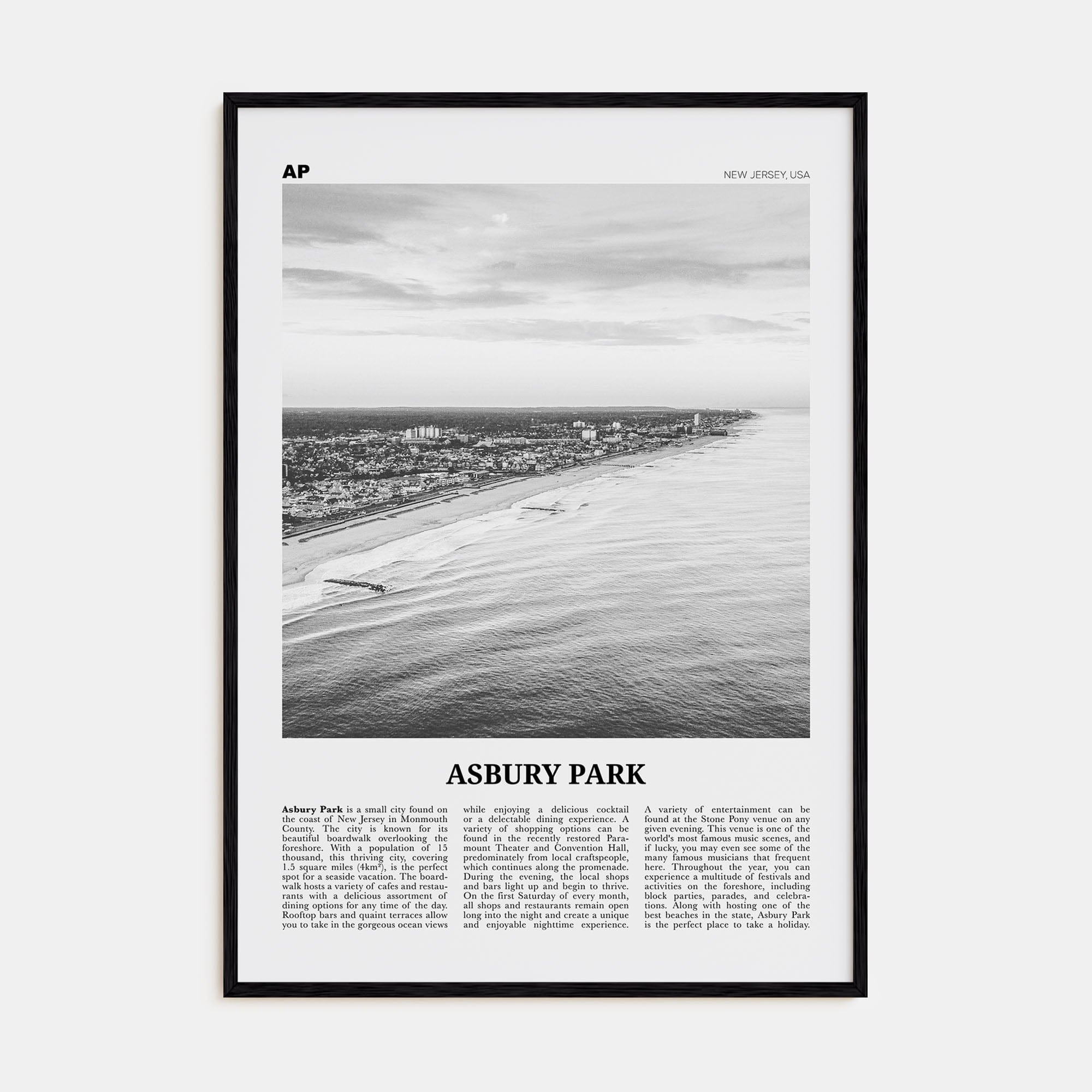 Asbury Park Poster Black Wood / 8x12 in Nbourhood Travel B&W Poster