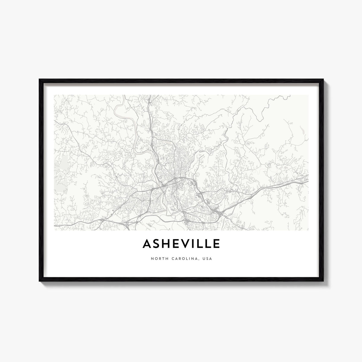 Asheville black & white map poster of North Carolina, USA – horizontal wall art, unframed print shown in interior mockup