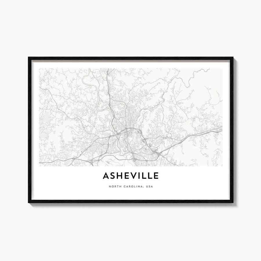 Asheville black & white map poster of North Carolina, USA – horizontal wall art, unframed print shown in interior mockup