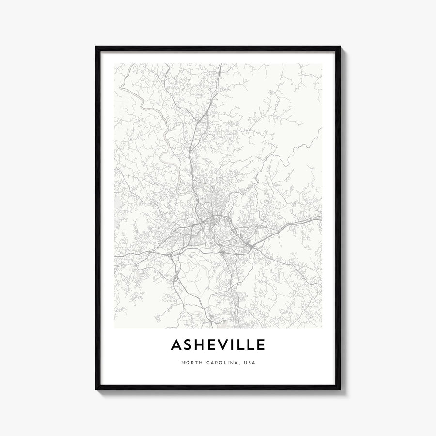 Asheville black & white map poster of North Carolina, USA – vertical wall art, unframed print shown in interior mockup