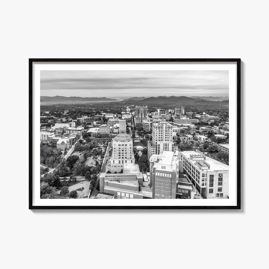Asheville black & white photo poster of North Carolina, USA – horizontal wall art, unframed print shown in interior mockup