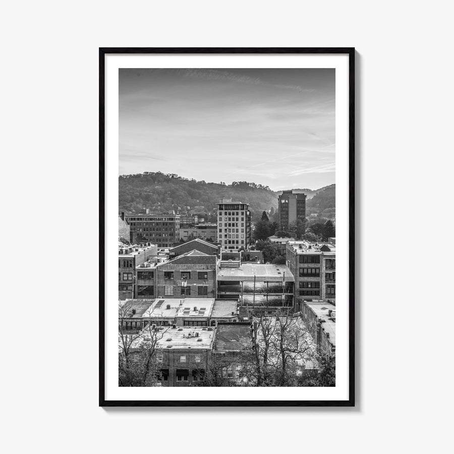 Asheville black & white photo poster of North Carolina, USA – vertical wall art, unframed print shown in interior mockup