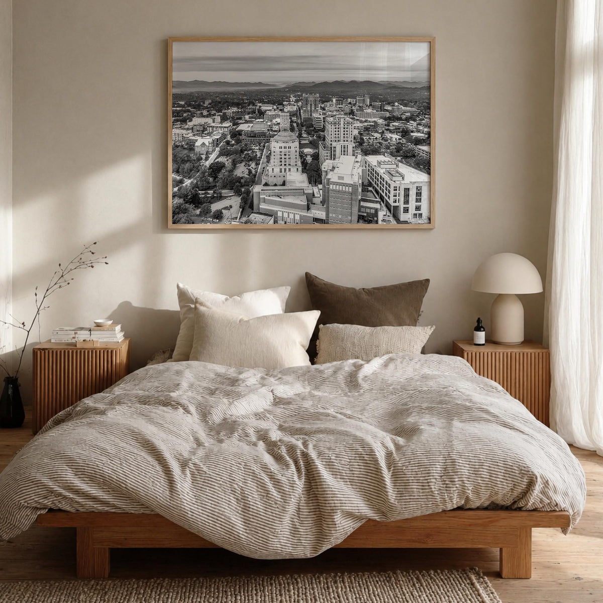 Asheville black & white photo poster of North Carolina, USA – horizontal wall art in natural wood frame, hanging on wall