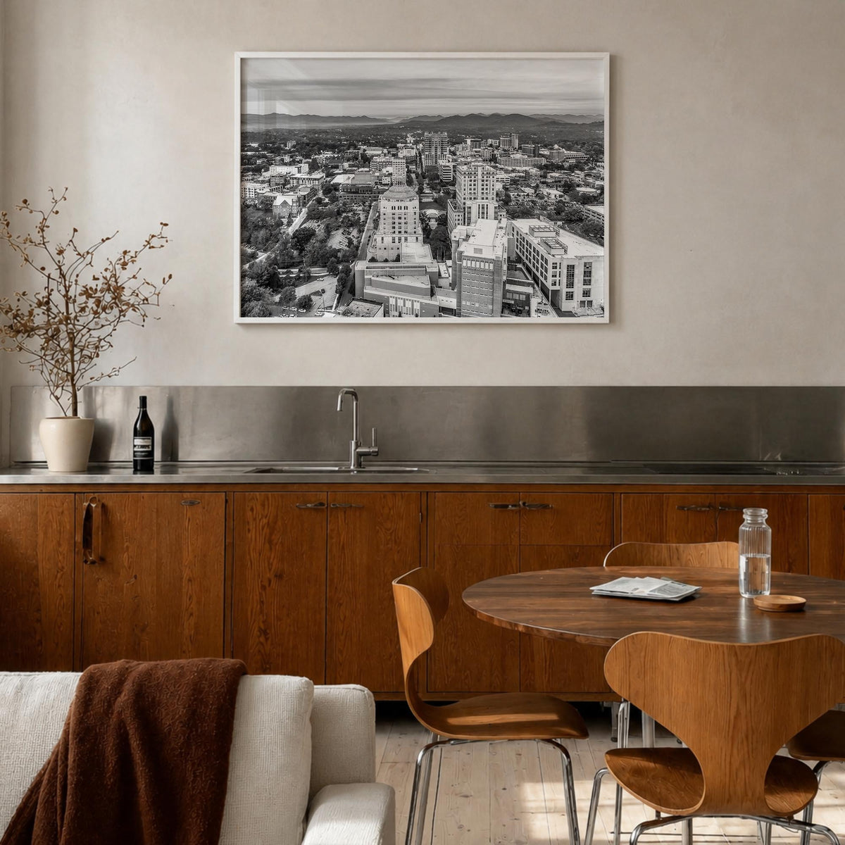 Asheville black & white photo poster of North Carolina, USA – horizontal wall art in white wood frame, hanging on wall