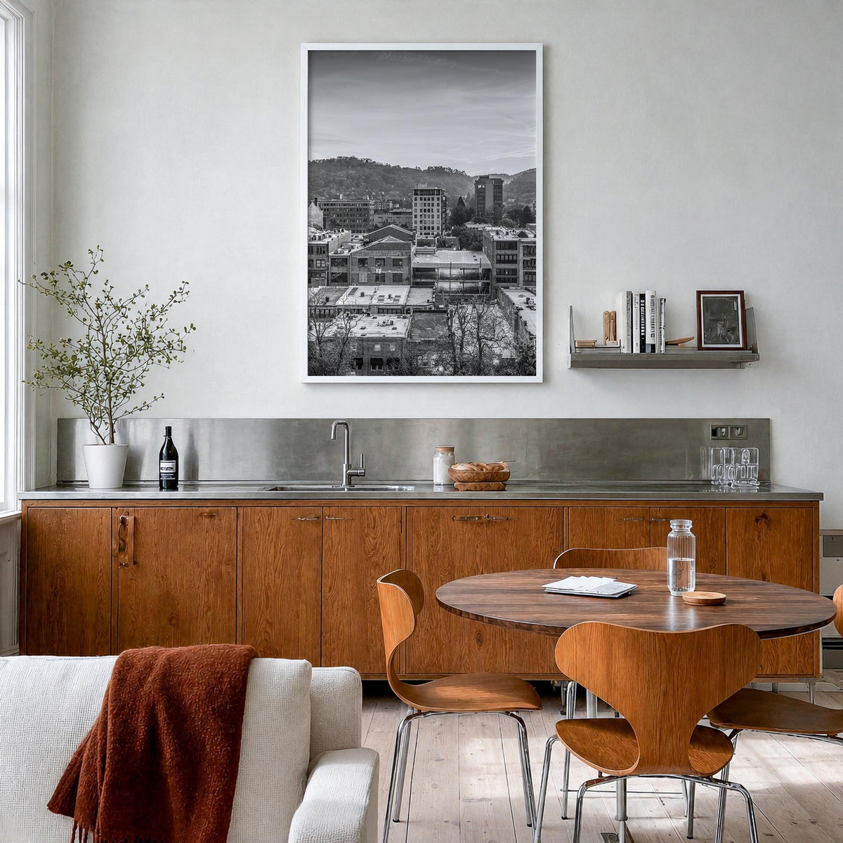 Asheville black & white photo poster of North Carolina, USA – vertical wall art in white wood frame, hanging on wall
